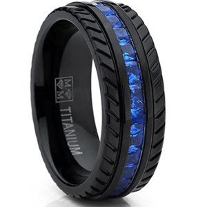 NWT Mens Blue Sapphire Black Titanium Wedding Band
